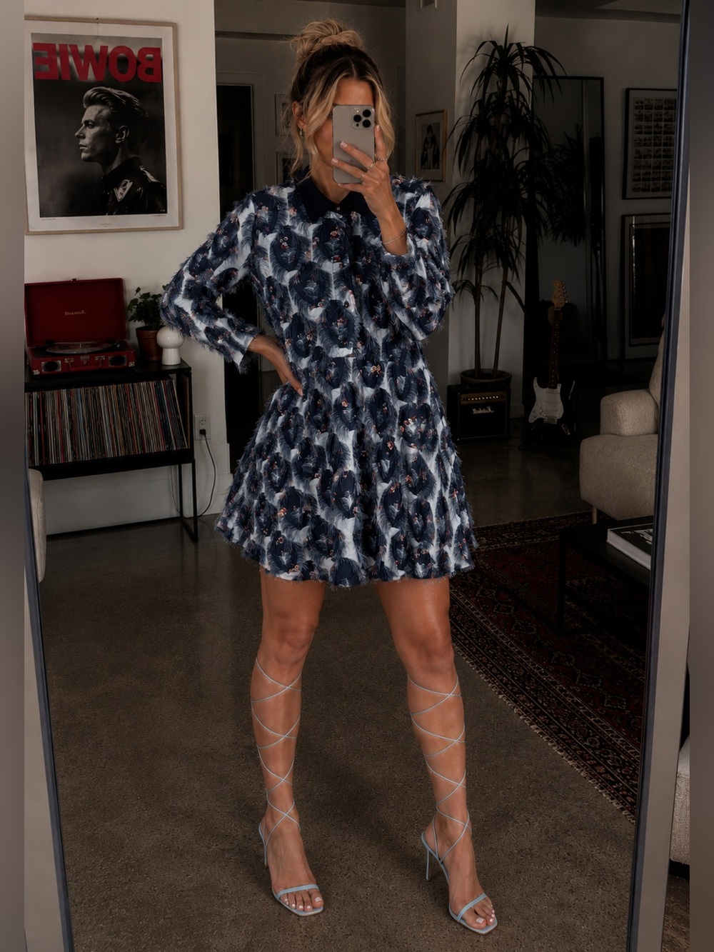 See By Chloé Fringe Textured Floral Mini Shift Dress Blue Womens US 10 New NWOT